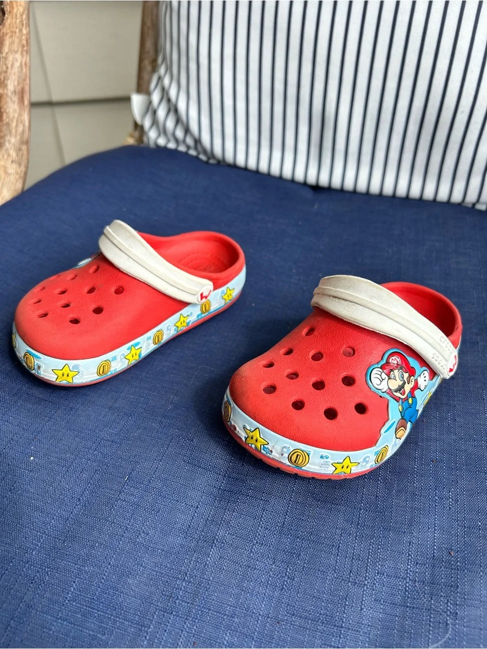 Kids Red Crocs Super Mario Clog Sandals with White Strap size C7